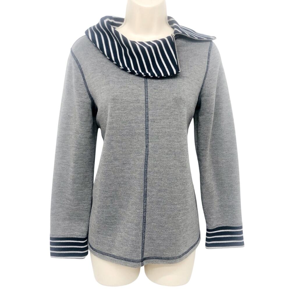 Chico's Weekend Zip Cowl Neck Sweatshirt Gray Navy White Stripe Lining